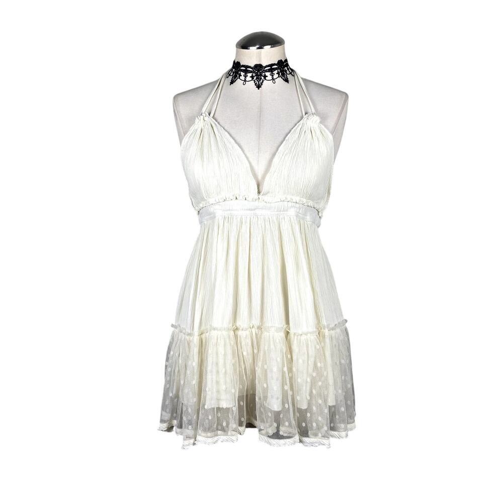 Ruffle Open Back Halter Lacy Tie Summer Spring Flowy Fairy Dainty Mini Dress M